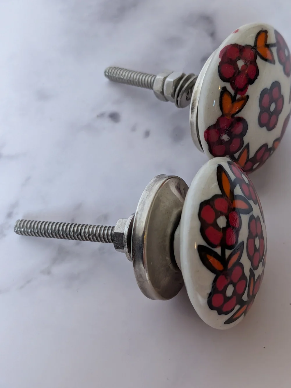 Hand-Painted Ceramic Drawer Knobs with Red Floral Design